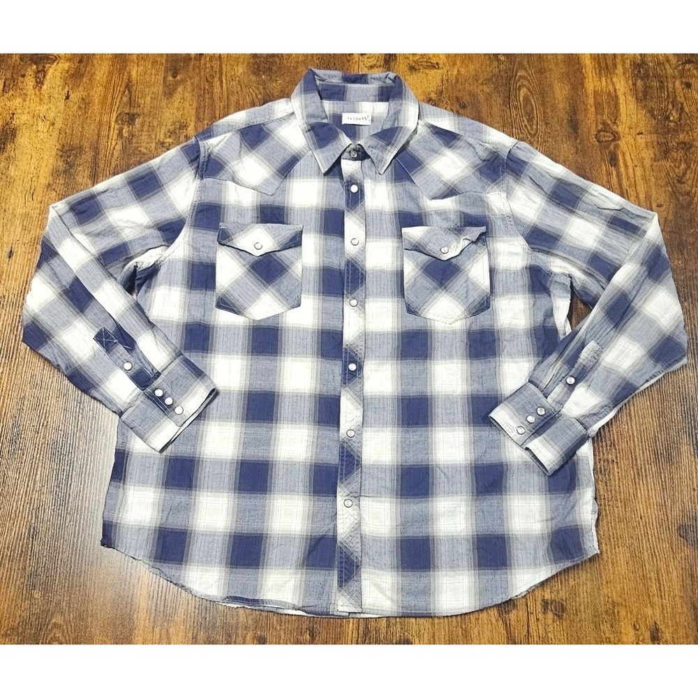 Tecovas Mens XXL Blue White Plaid Cotton Pearl Snap Western Shirt Long Sleeve